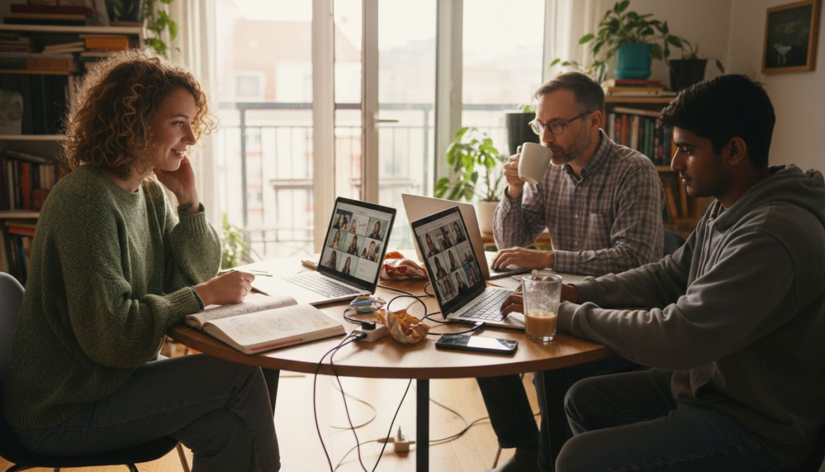 Diverse adults studying online management together