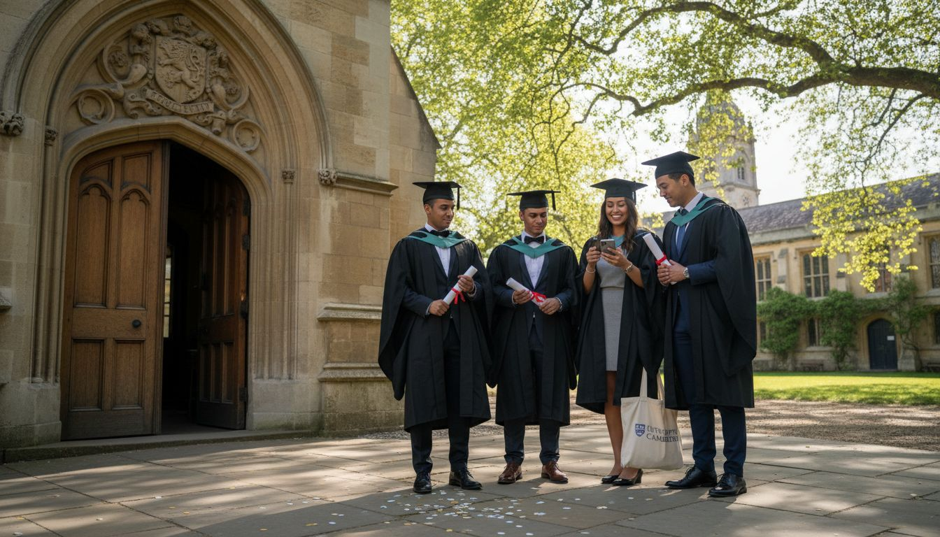 Graduates holding diplomas at university entrance