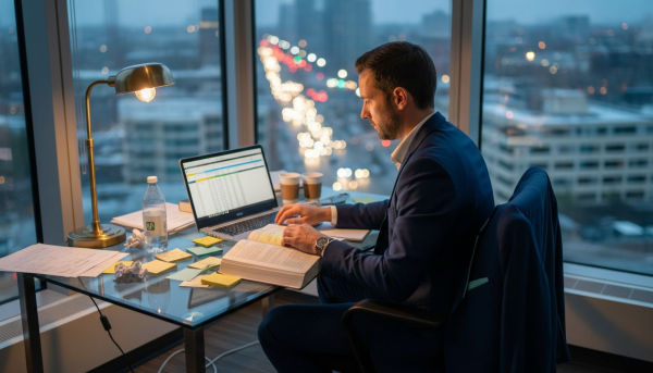 MBA student balancing study and work at office desk