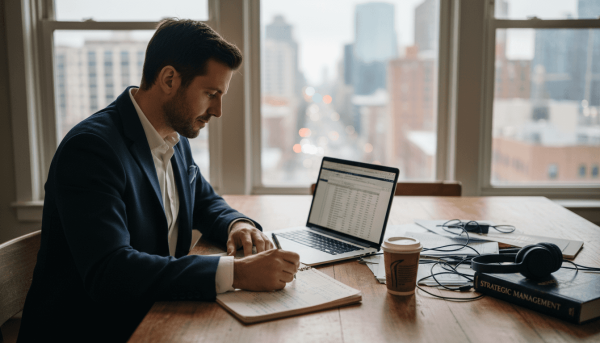 Man completing MBA study at home table