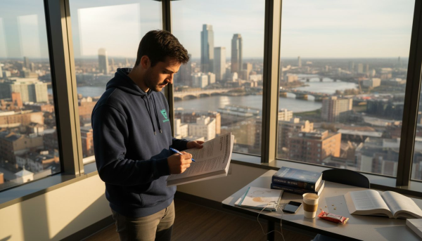 Student in city view classroom studying business