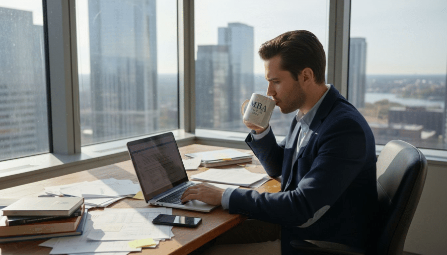 MBA student working in corner office sunrise