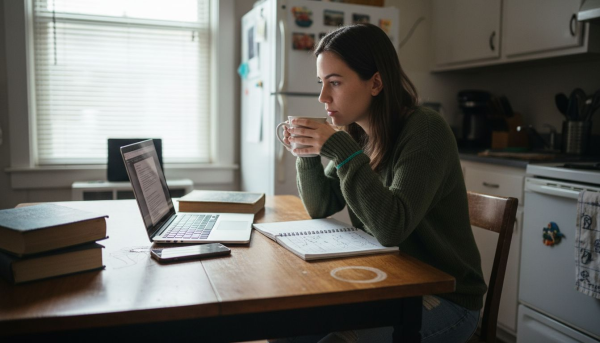 Woman studying online at kitchen table