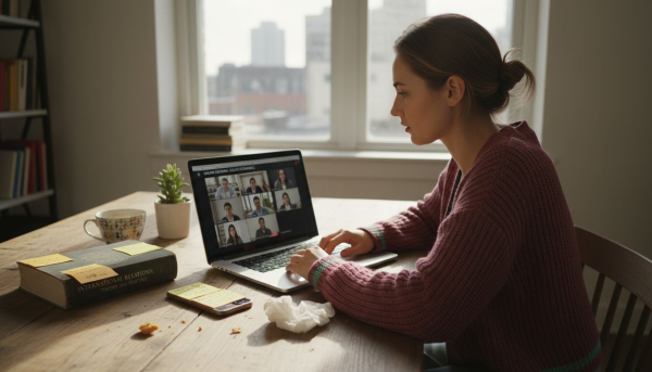 Woman attending online seminar at kitchen table