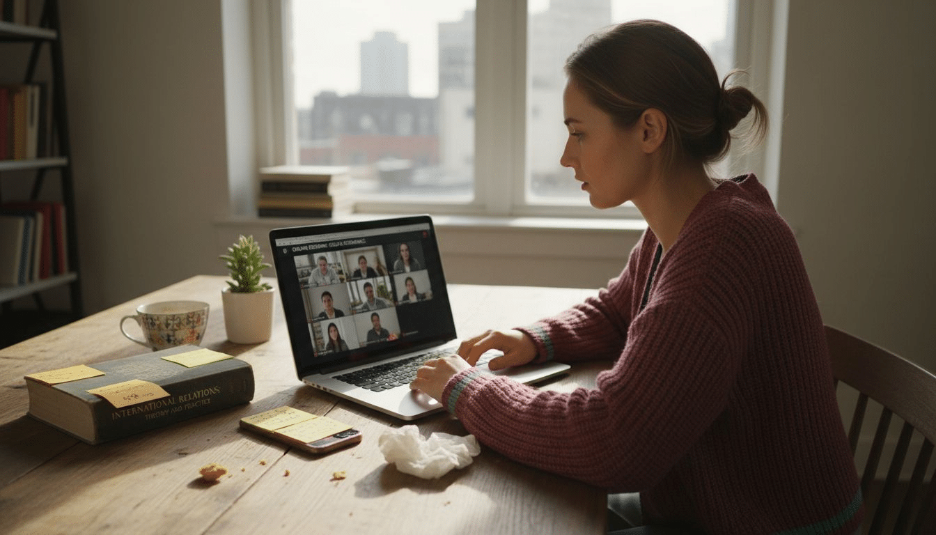 Woman attending online seminar at kitchen table