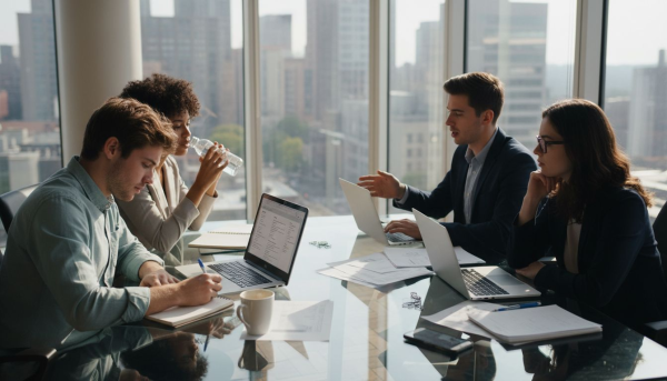Business students collaborate in sunlit office