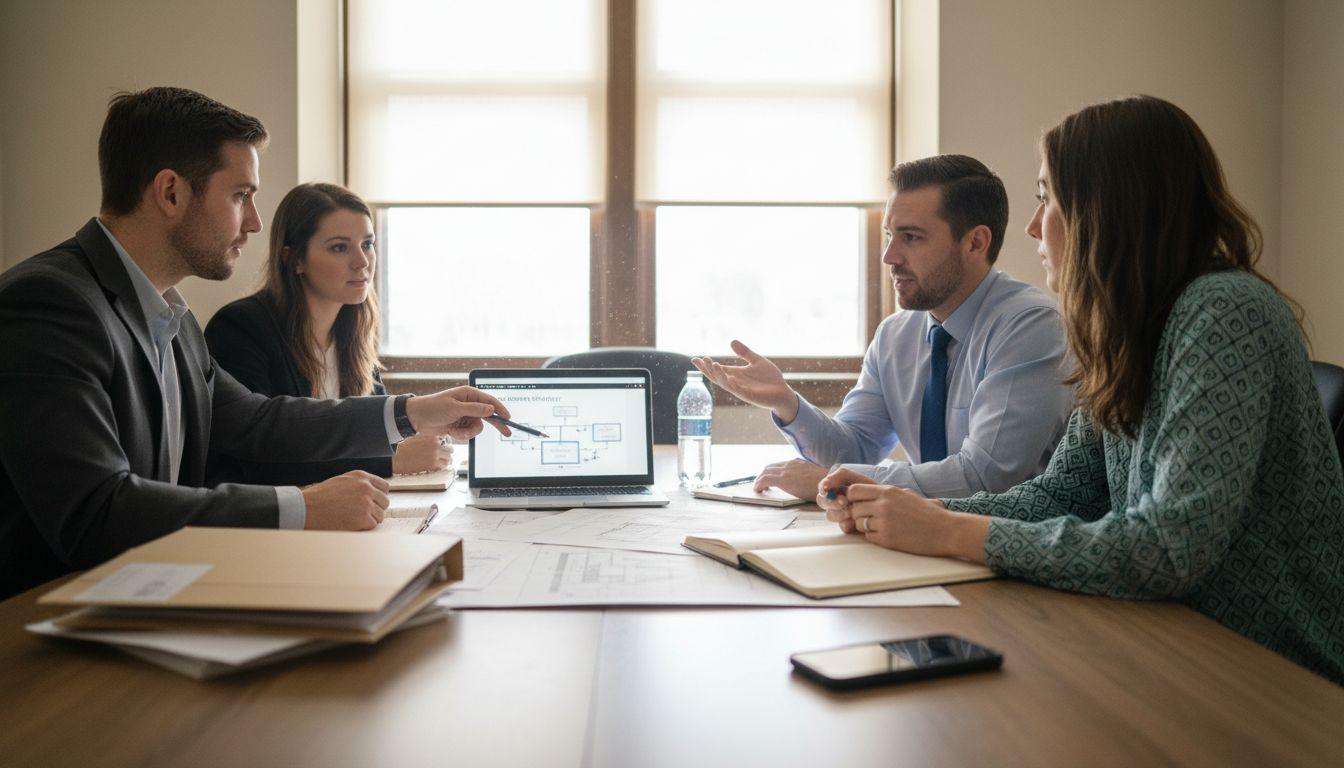 Students discuss business plans in seminar room