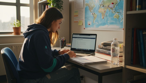 Student studying UK degree abroad workspace