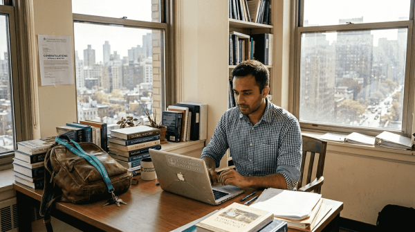 Student checking MBA schedule in sunlit office