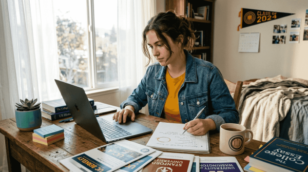 Student reviewing university application materials