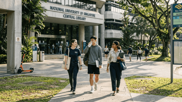 Students walking outside Singapore university entrance