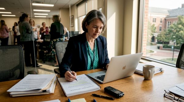 Administrator reviewing accreditation report in campus office