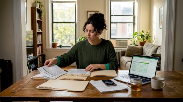 Student sorting application checklist at home desk
