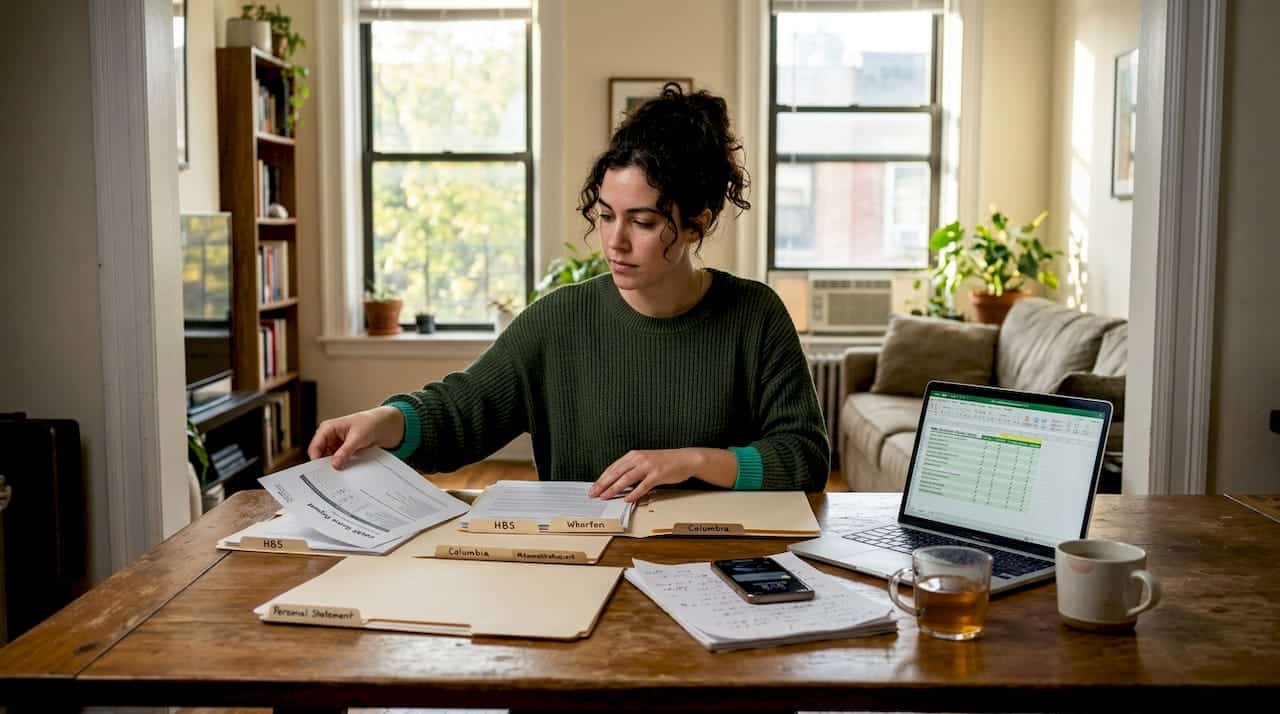 Student sorting application checklist at home desk