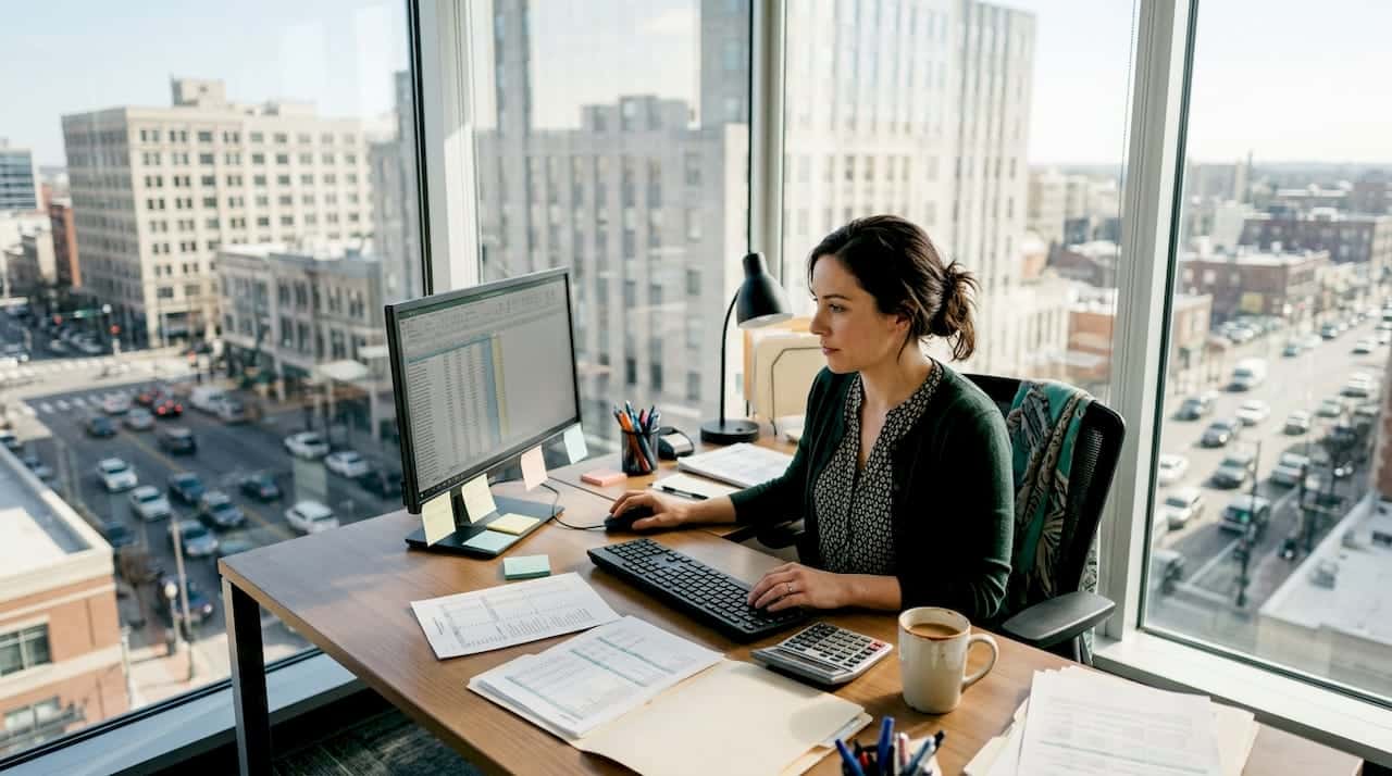 Accountant working at city view office desk