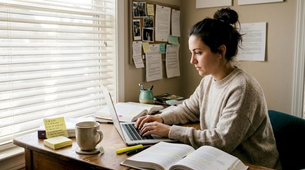 Adult student studying at home workspace