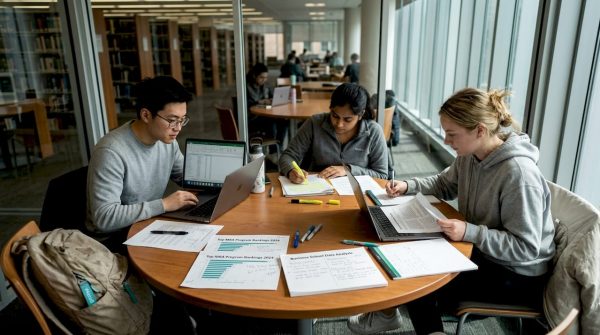 International students reviewing school ranking printouts