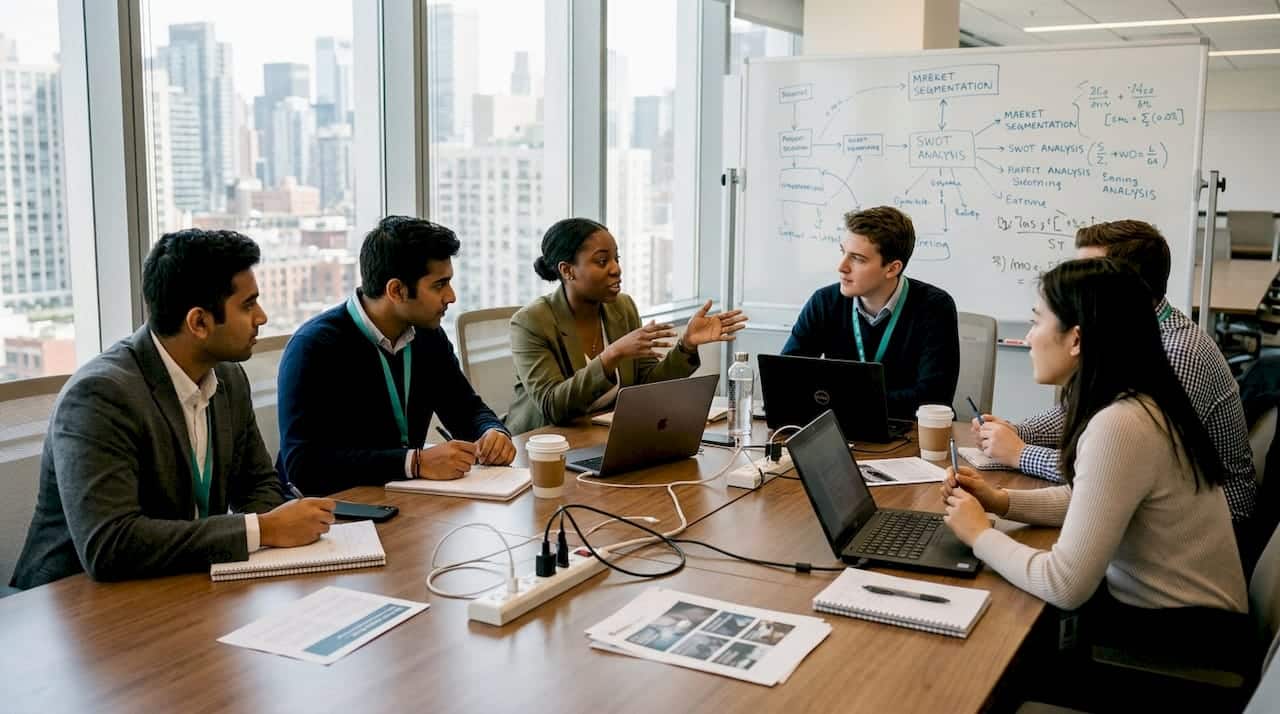 International students discussing in university classroom