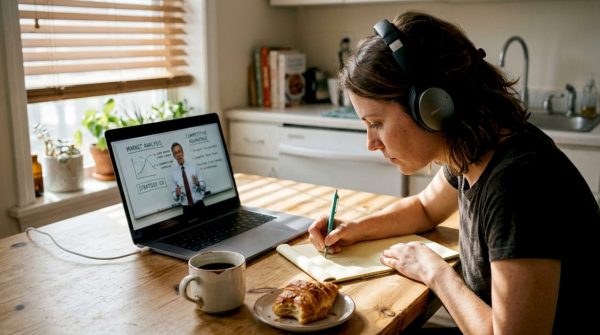 Woman watching business school explainer video