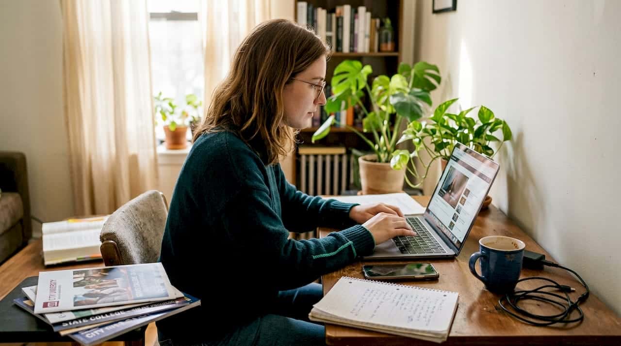 Student studying at home desk for online UK degree