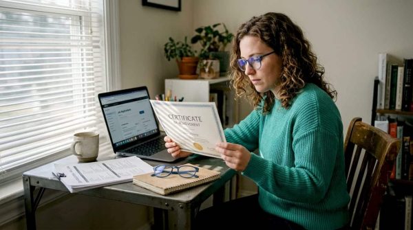 Young person checks certificate in home office
