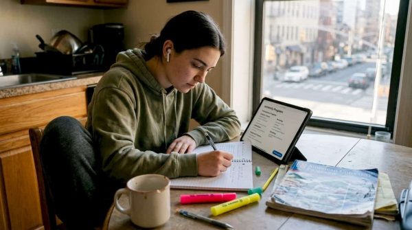 Student planning study abroad at kitchen table