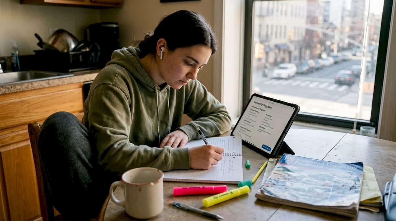 Student planning study abroad at kitchen table