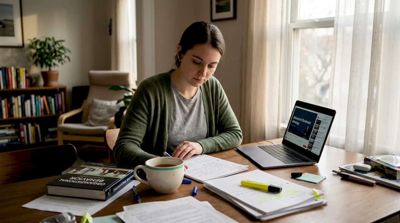 Young woman studies management online at home
