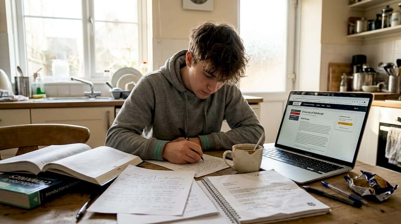 Student preparing UK university application at cluttered kitchen table