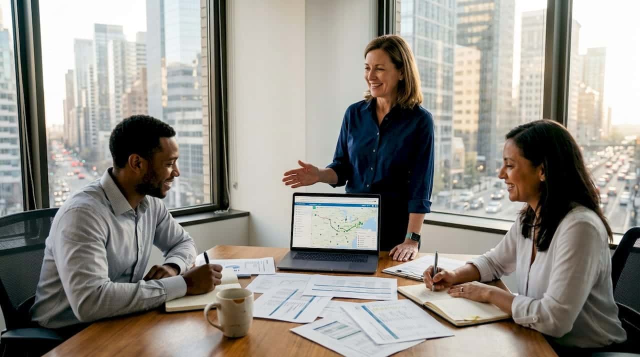 Team discussing strategy in busy office