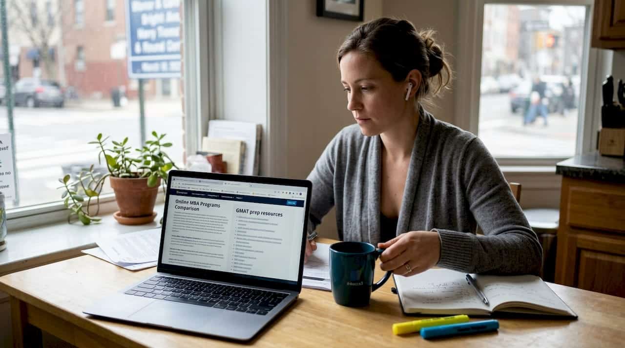 Woman researching MBA programs at kitchen table