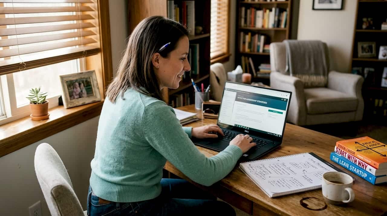 Woman studying management online at home