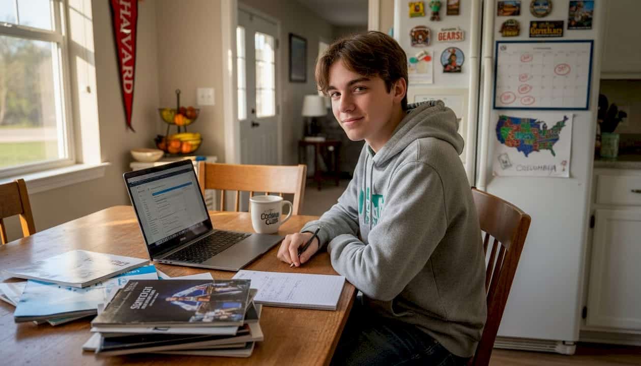 Student preparing university application at kitchen table