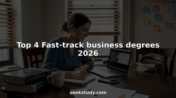 Professional woman studies online business degree at home