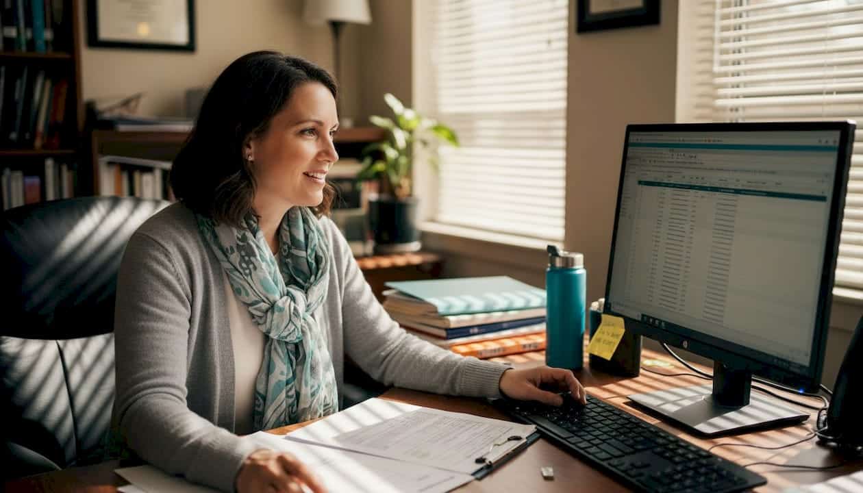 Administrator reviewing degree accreditation paperwork