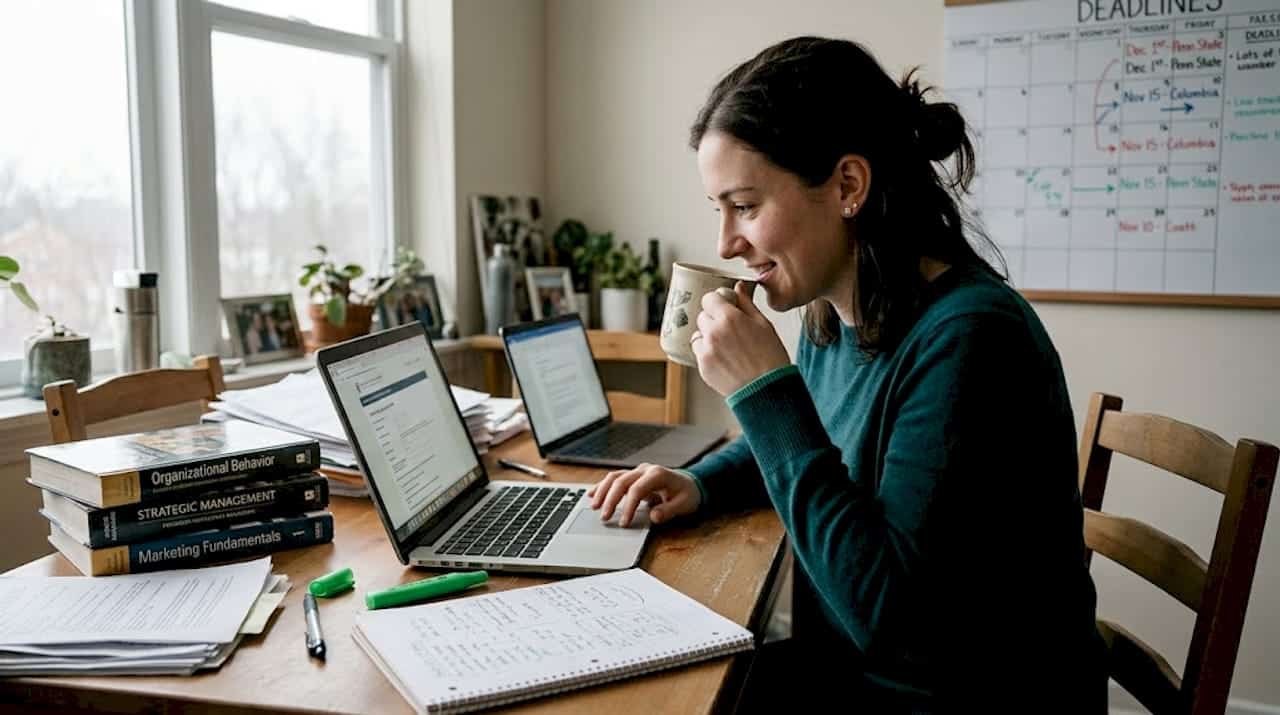 Student reviewing management degree materials at home