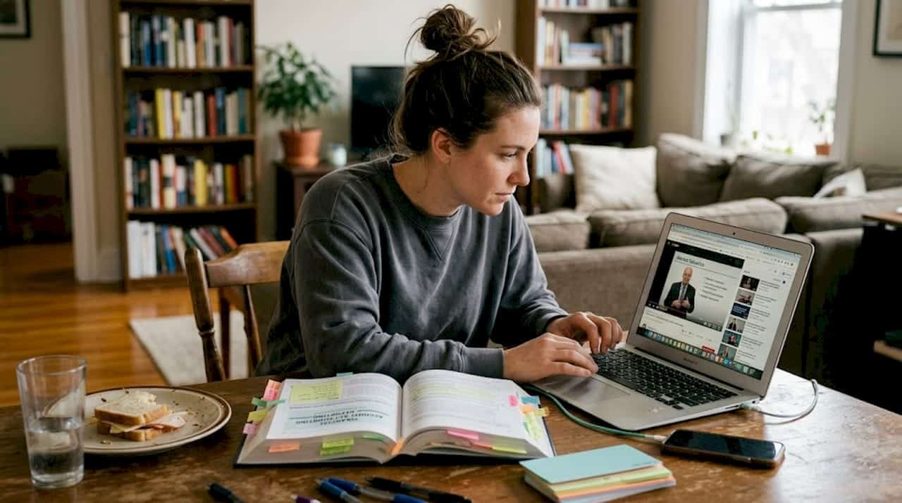 Woman studies accounting online in casual home setting