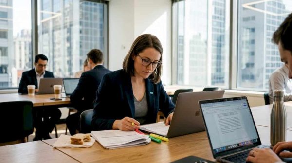 Businesswoman studying for certification at coworking table