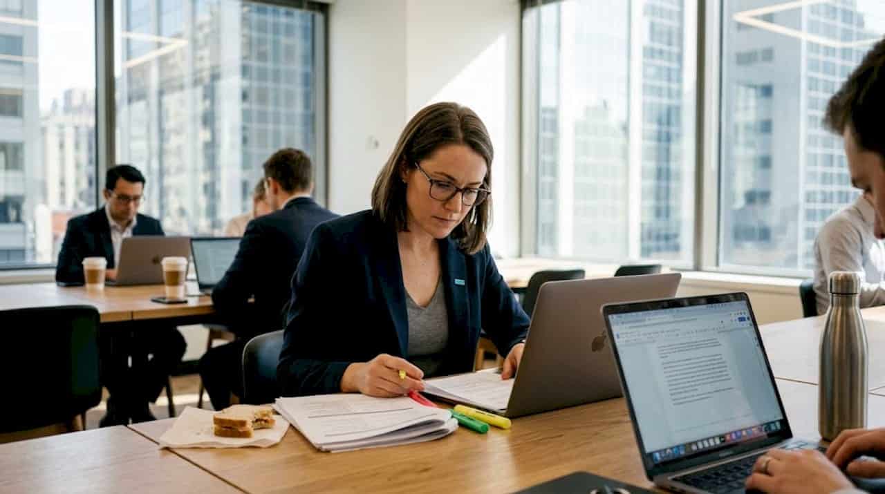 Businesswoman studying for certification at coworking table