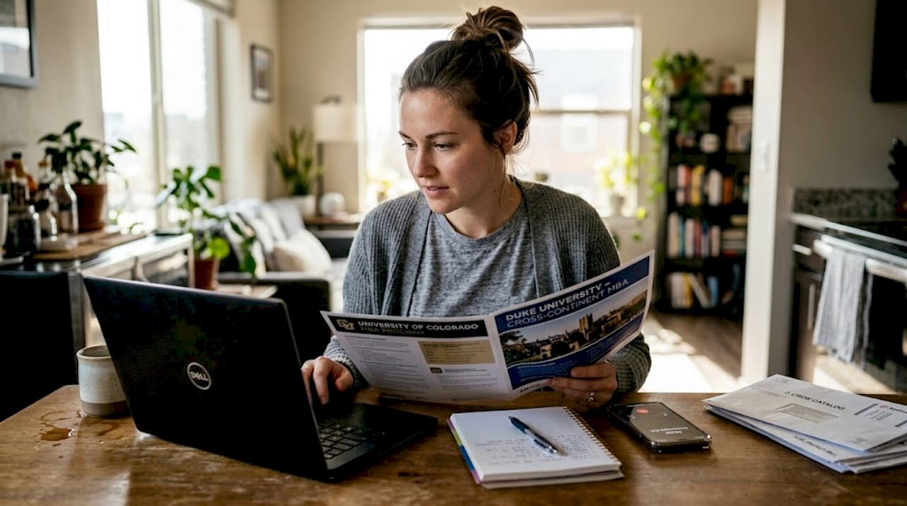 Management student multitasking at home workspace
