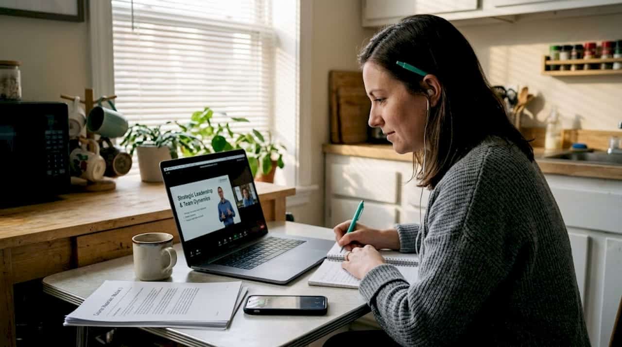 Professional woman joining online class in kitchen