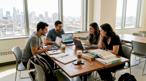 Students collaborating in urban university classroom