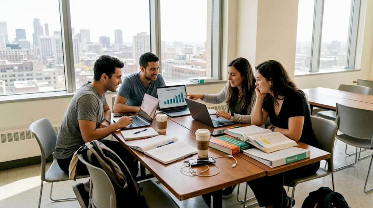 Students collaborating in urban university classroom