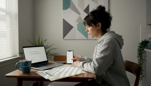 Student cross-checking degree paperwork at kitchen table