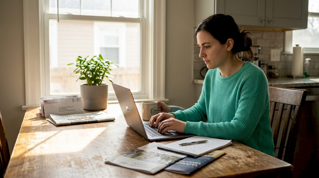 Business student researching at kitchen workspace