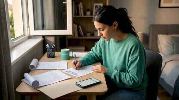 Student checks university preparation checklist at small desk
