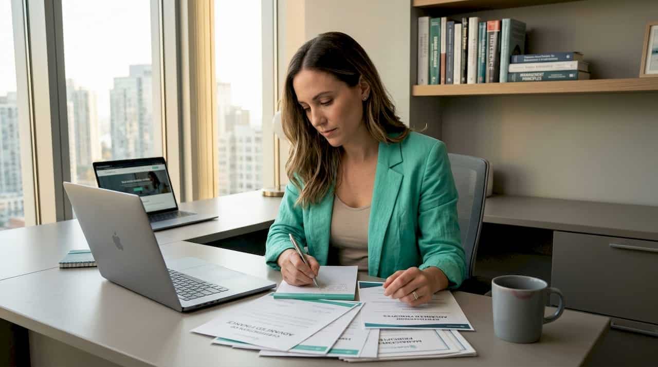 Professional reviewing certifications at city home office