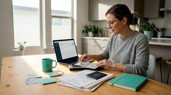 Woman verifying degree documents at kitchen table