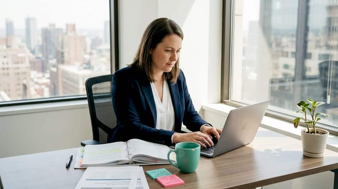 Professional woman working at city-view office desk