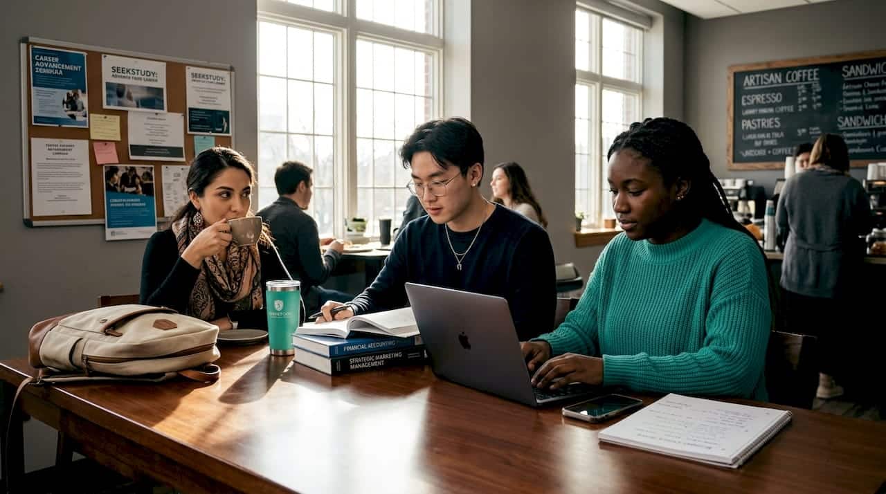 International students studying business at campus café